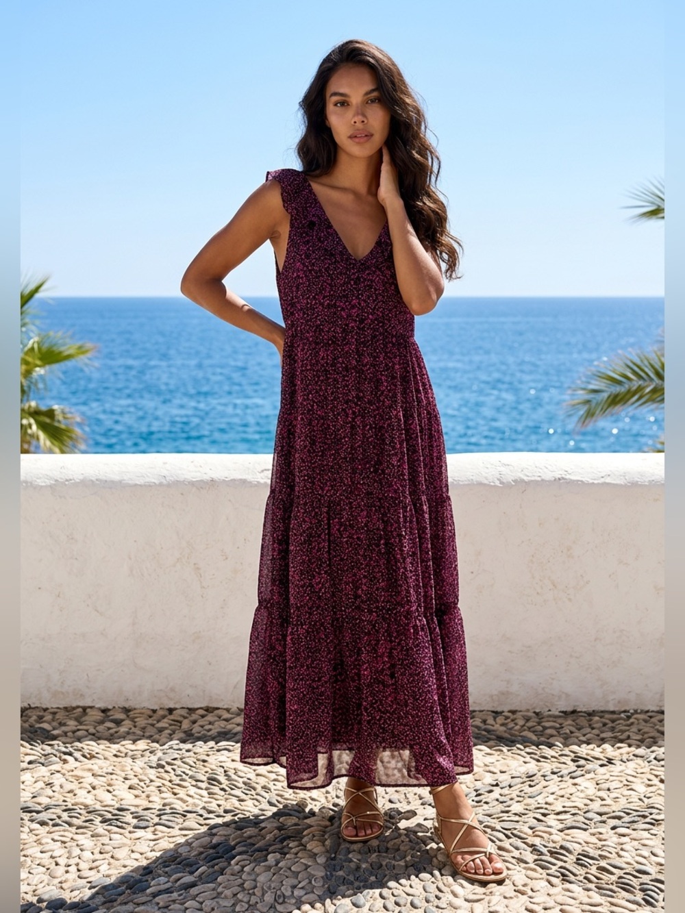Chelsea28 Plum Floral Ruffle-Shoulder Maxi Dress - Picture 3 of 13